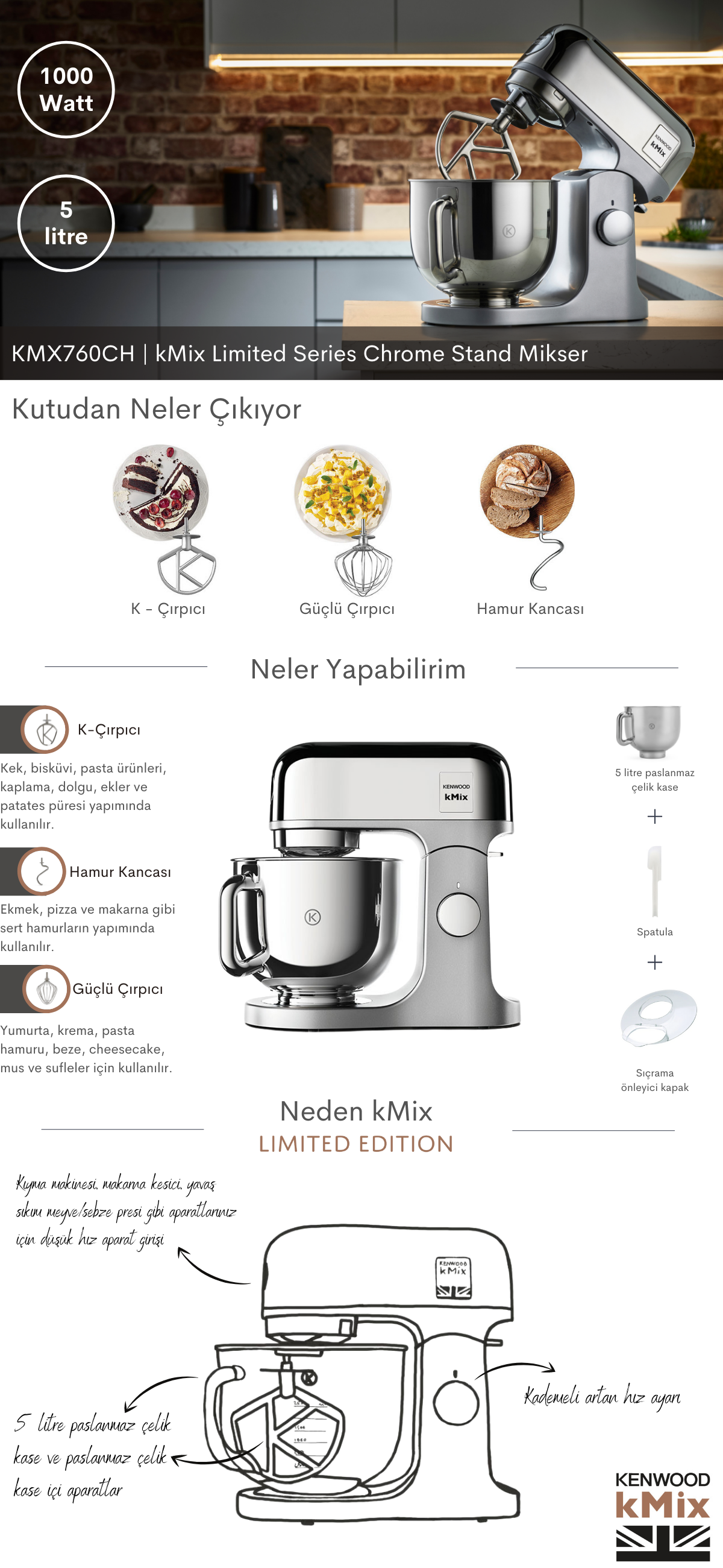 Kenwood Kmix Mutfak Şefi Limited Edition KMX760CH 1000 Watt 5 Lt